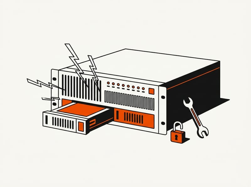 A rack-mounted server with an open drive bay is struck by jagged bolts, with an unlatched padlock and a wrench beside it.