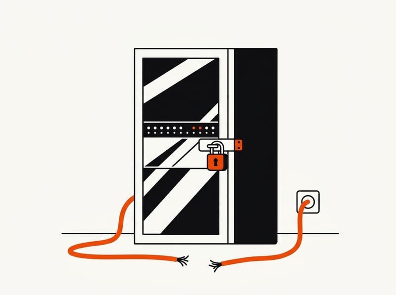 A locked server cabinet with a severed network cable lying disconnected beside it, representing AI training isolated from the internet.