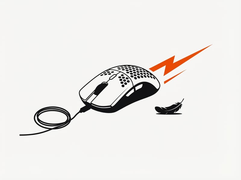 A perforated lightweight wireless gaming mouse gliding across a desk with a feather beside it and a streak of motion behind it.