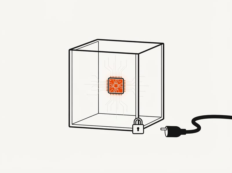 A microchip floating inside a sealed glass cube, with a disconnected cable and a padlock beside it, symbolizing an AI model isolated from the internet.
