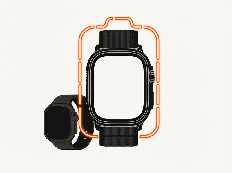 A rugged smartwatch with a blank display sits in front of an identical older watch, encircled by a glowing battery-shaped arc.