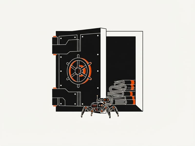 A small mechanical crawler waits outside a partly open vault gate guarding a stack of rolled newspapers.