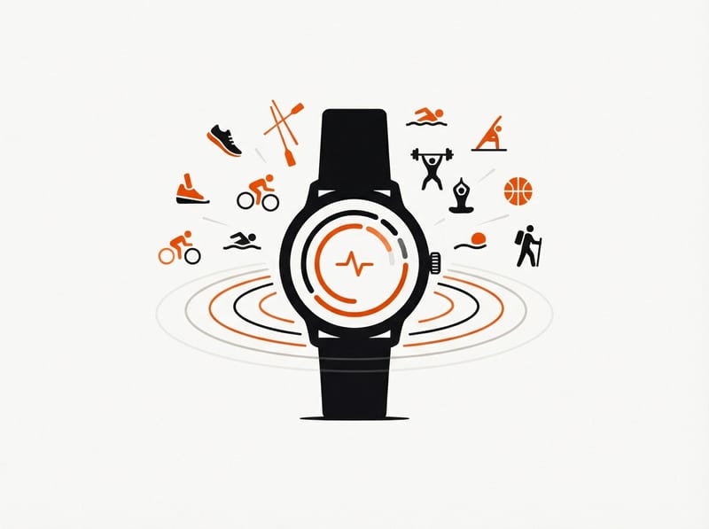 A round smartwatch with an abstract activity ring on its display, surrounded by a fan of simple sports silhouettes radiating outward.