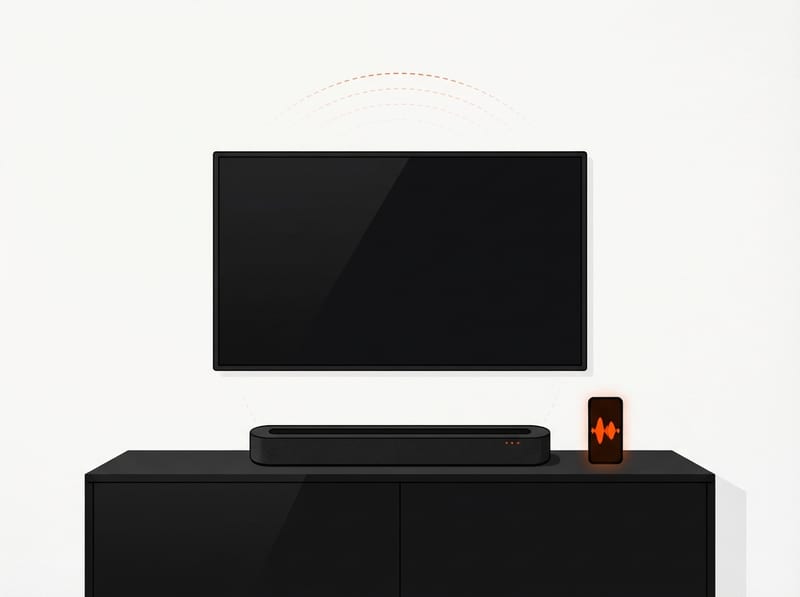 A slim soundbar on a media console under a blank television, with a smartphone beside it and sound waves rising from the top of the bar.
