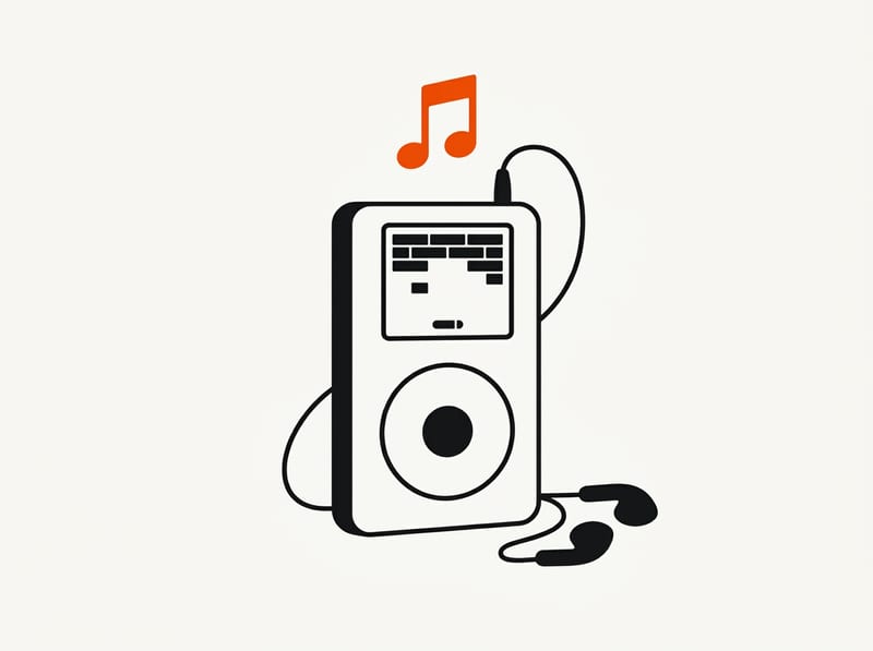 A vintage-style portable music player with a circular click wheel and a tiny screen showing a simple brick-breaking game, with earbuds resting beside it.