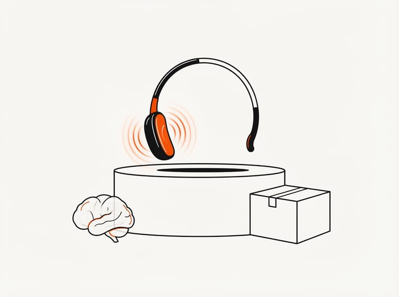 A sleek head-worn sensor pod on a pedestal emitting rippling rings, next to a simple brain-shaped form and a plain closed box.