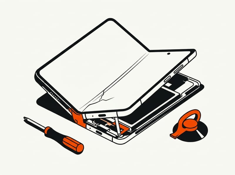 An opened foldable smartphone on a workbench with its back removed to show the battery and hinge, a screwdriver and suction tool beside it, and a thin crack near the inner screen's crease.