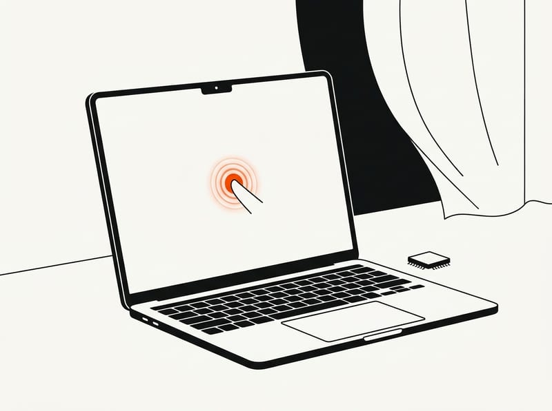 An open laptop with a blank touchscreen and a small pill-shaped notch, a microchip beside it, and a curtain partly drawn back behind it as if being revealed.