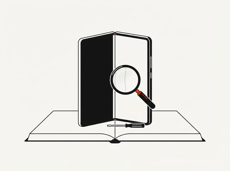 A half-open foldable smartphone with a faint crease in its inner screen, shown beside a magnifying glass and a small screwdriver.