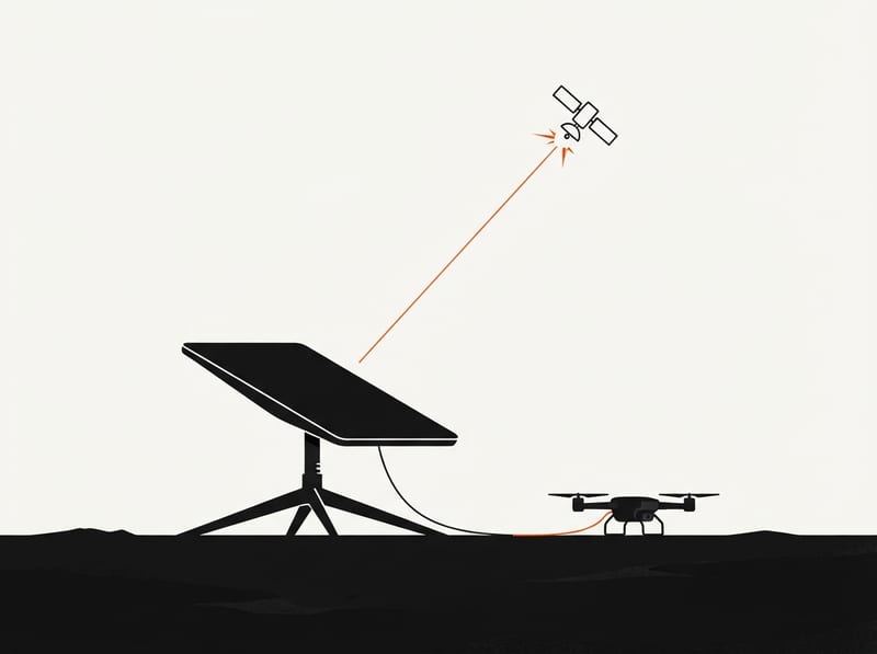 A flat satellite internet terminal on the ground connected by a cable to a small quadcopter drone, with a satellite visible in the sky above.