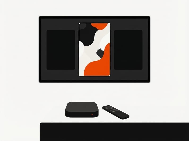 A small streaming box and remote on a media console in front of a large television showing abstract vertical and horizontal video frames.