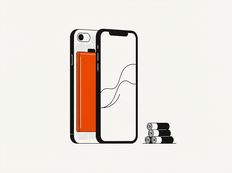 A smartphone with a see-through back revealing an unusually large battery, next to a small pile of ordinary batteries for comparison.