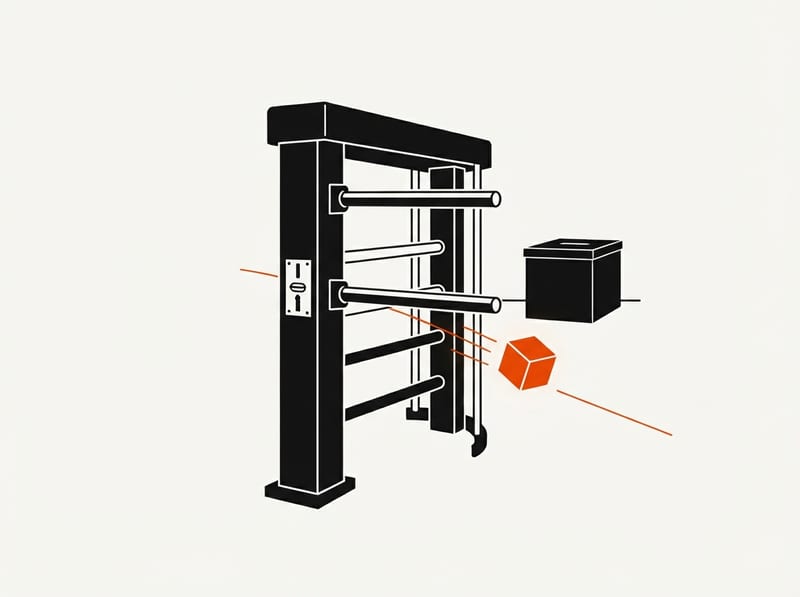A paid-entrance turnstile with a coin slot lets a small glowing cube slip past its locked bars toward a ballot box beyond.