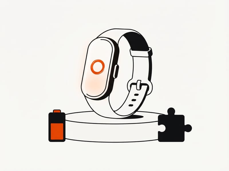 A slim fitness tracker band stands on a pedestal beside a charged battery cell and an empty puzzle-piece gap.