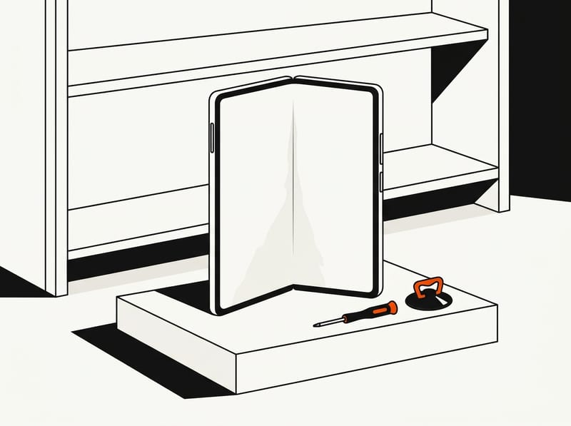 A half-open foldable smartphone with a blank inner screen stands on a display plinth beside a small repair toolkit in front of a mostly empty shelf.