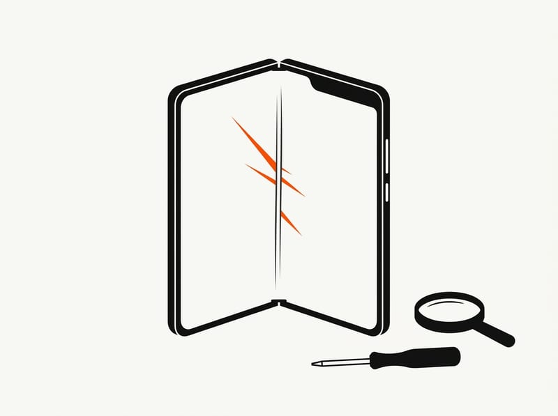 A half-open foldable smartphone with bright streaks spreading across its inner screen from the hinge, next to a small screwdriver and a magnifying lens.