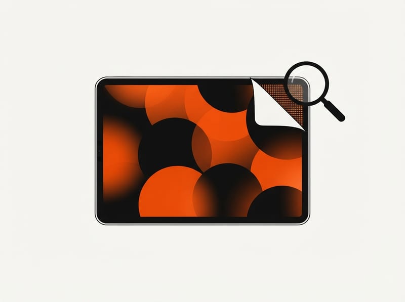 A small tablet with a glowing abstract display has one corner cut away to reveal a grid of tiny light-emitting pixels, with a magnifying glass examining them.