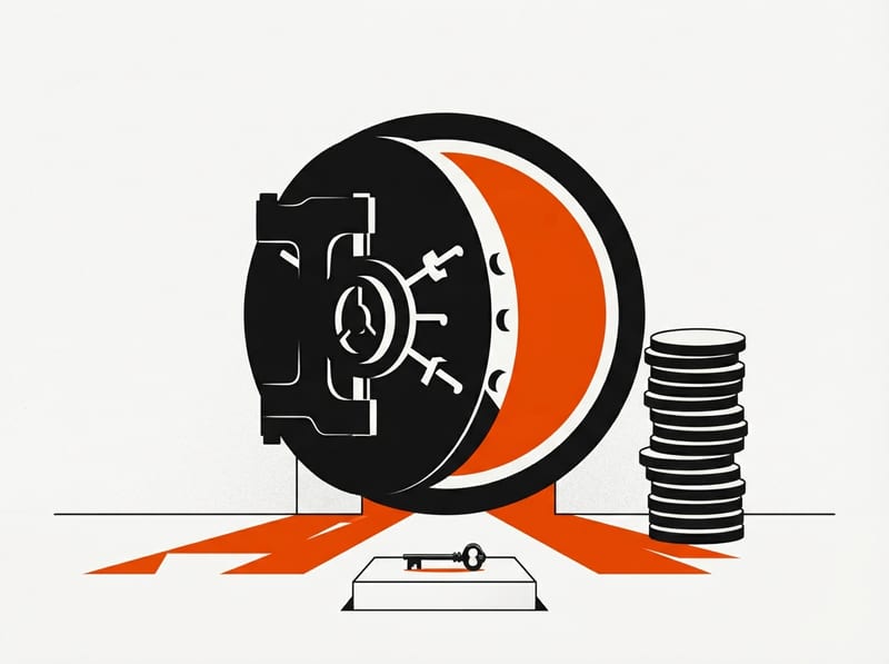 A massive round vault door standing slightly open with light spilling out, a single key on a small pedestal in front and a stack of coins nearby.