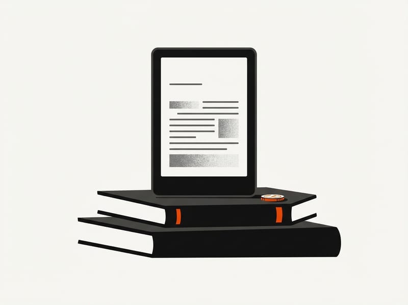 A compact e-reader with a crisp paper-like screen standing on a pair of stacked books beside a single coin.