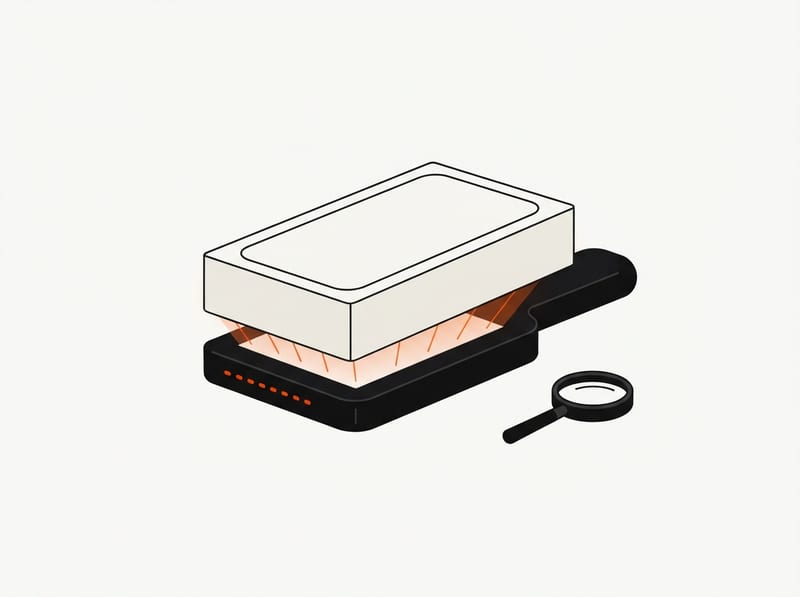 A sealed smartphone box sitting on a compact scanning device, with faint glowing lines passing through the box to show it is being checked without opening.