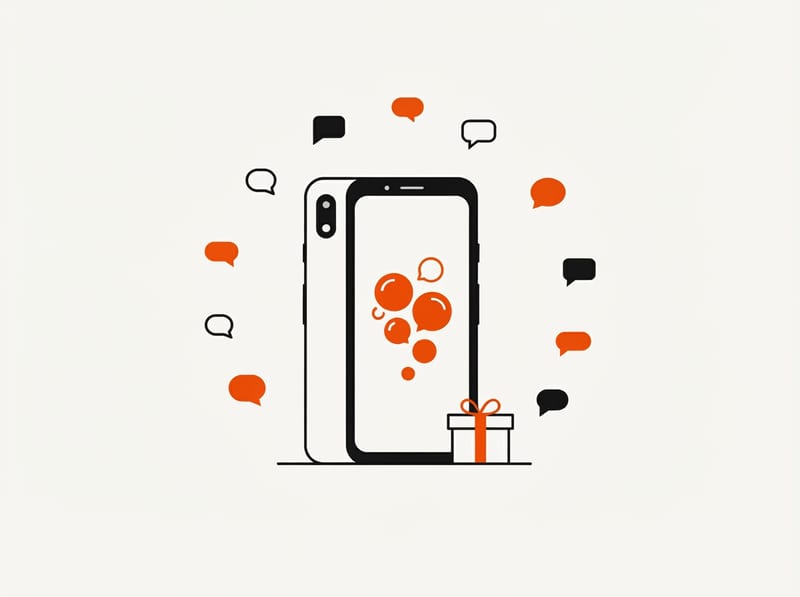 A smartphone surrounded by floating abstract chat bubbles and a small gift box, representing a community app with future perks.