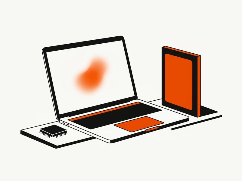 An open laptop with a blank glowing screen stands next to a large upright microchip on a perfectly level balance beam.