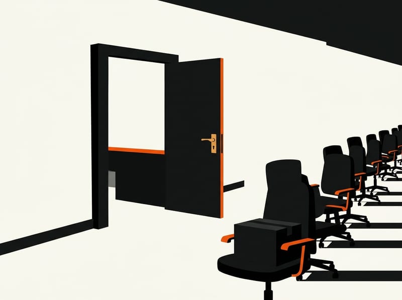 An open door stands ajar in an empty office with a row of desk chairs facing it and a cardboard box on the nearest chair.