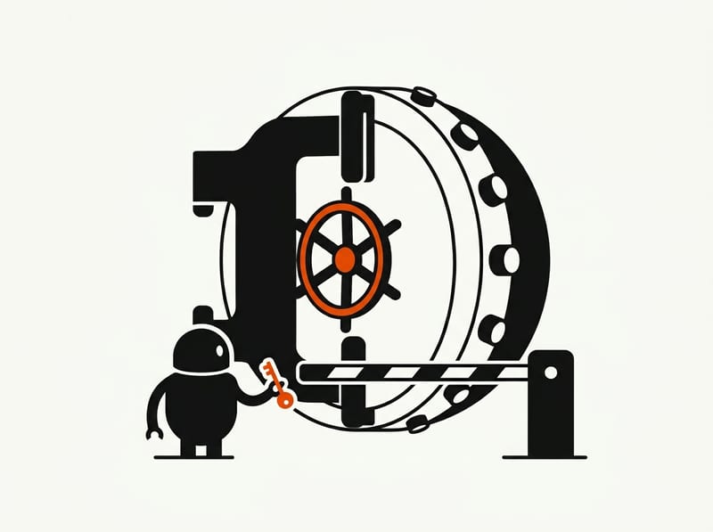 A small robot holding a key is stopped by a lowered barrier in front of a massive bank vault door.