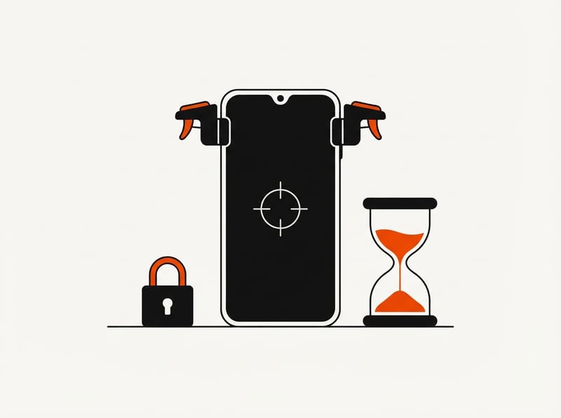 A game-ready smartphone with trigger buttons stands between a small padlock and an hourglass, symbolising a mobile game with safety controls and time limits.