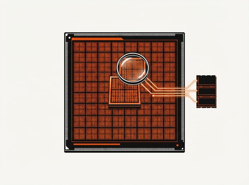 A microchip made of a grid of graphics-core tiles, with one tile magnified under a lens to show a dense math lattice inside, next to a small stack of memory chips.