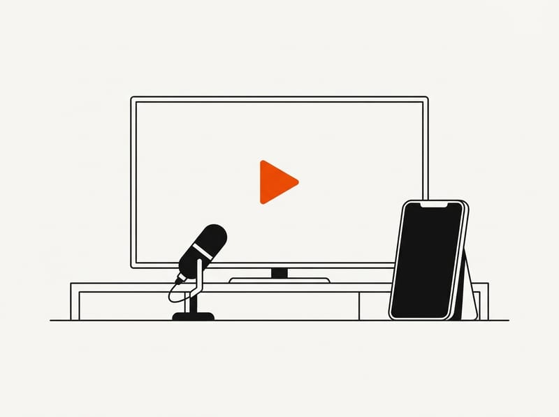 A wide flat-screen television with a simple play symbol stands beside a small upright smartphone and a studio microphone.