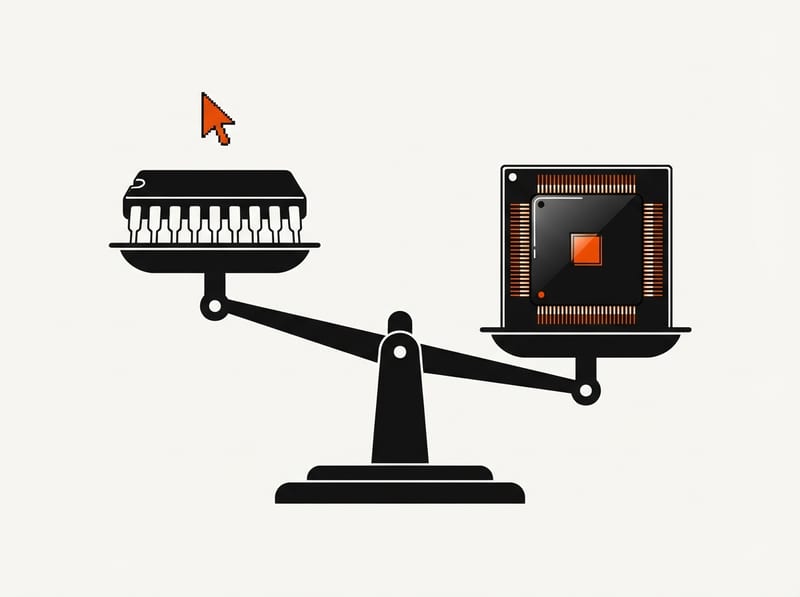 A compact microchip tips a balance scale against a larger older chip, with a small cursor arrow floating above it.