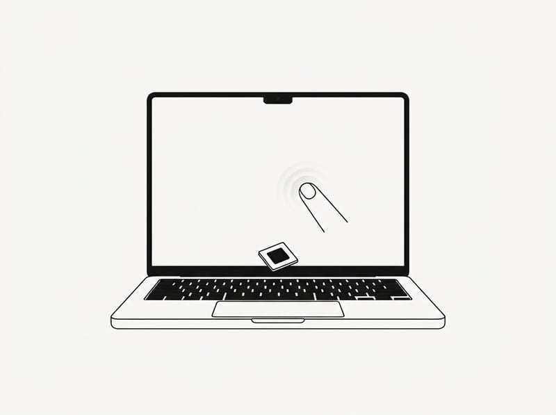 An open slim laptop with a blank edge-to-edge screen showing a soft ripple where it is touched, with a small microchip hovering above the keyboard.