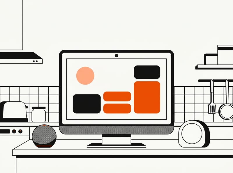 A large smart display with a blank-looking screen sits on a counter beside a small round smart speaker and a compact bedside speaker.