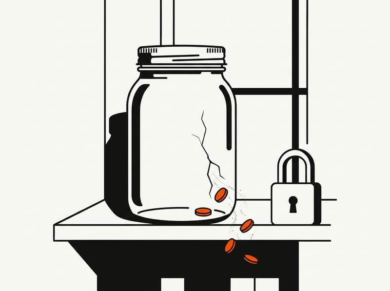 A cracked glass jar leaking small coins and fine particles onto a shelf next to an intact closed padlock, symbolising exposed customer data without a breach of the main vault.