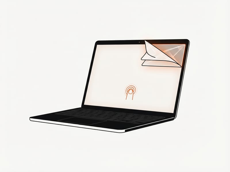An open laptop with a blank glowing touchscreen whose corner is peeled back to reveal two stacked thin display layers, illustrating a tandem OLED panel.