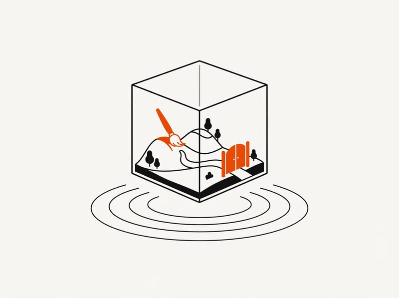 A floating glass cube containing a tiny landscape that is being reshaped by a beam of light, with sound ripples around it and a closed gate nearby.