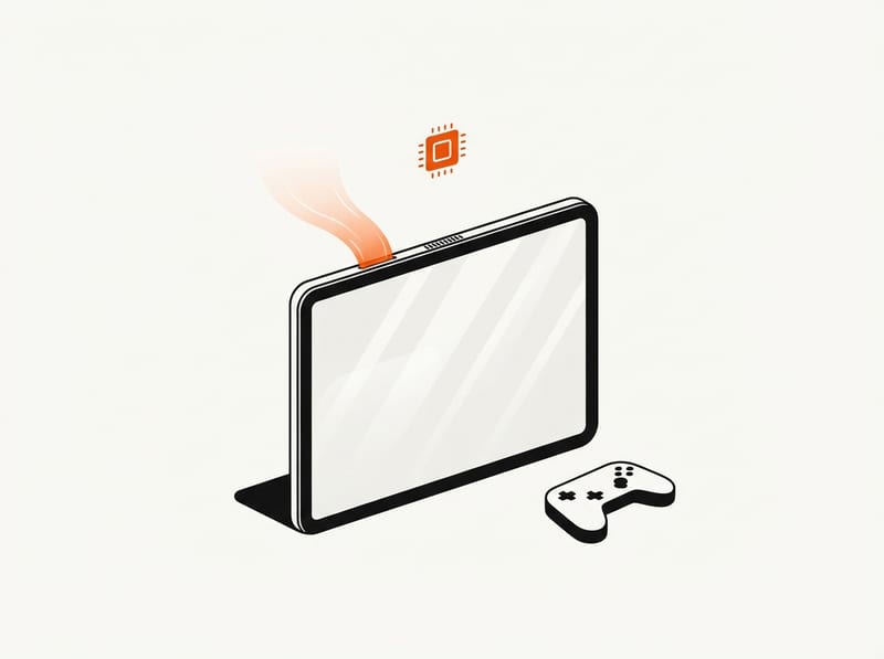 A compact gaming tablet with a blank glowing screen and a cooling vent releasing airflow, beside a game controller and a small floating microchip.