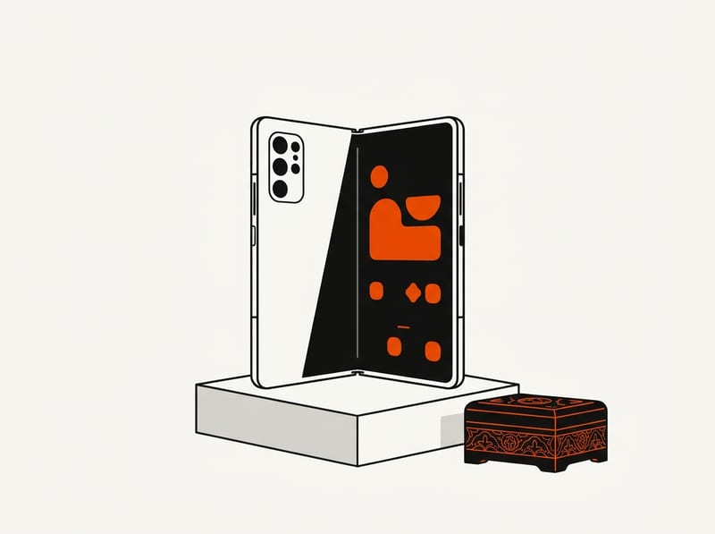 A half-open book-style foldable smartphone with a metallic frame stands on a pedestal next to a small ornate gift box.