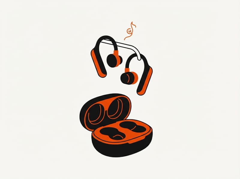 A pair of clip-on open-ear wireless earbuds floating above an open pebble-shaped charging case, with soft sound waves radiating from them.