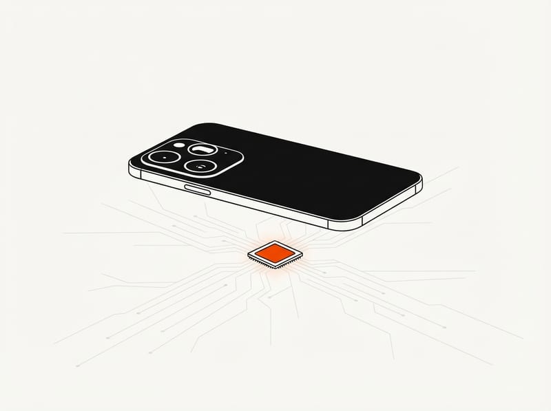 A sleek smartphone with a triple-lens camera hovering above a small microchip with fine circuit lines spreading out beneath it.