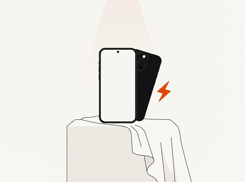 A smartphone partly unveiled from beneath a draped cloth on a pedestal, with a lightning bolt shape beside it, suggesting an upcoming launch.