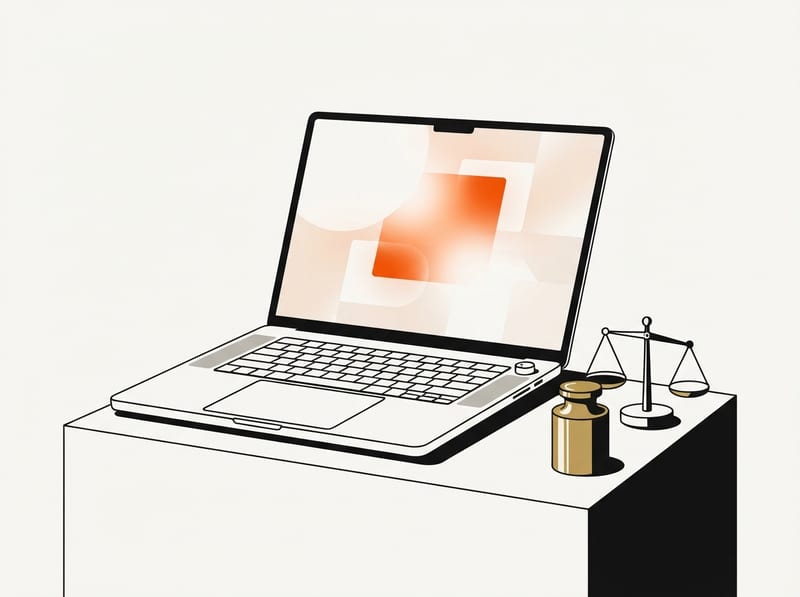 A thin, open creator laptop with abstract shapes on its screen stands on a pedestal beside a small balance scale weighed down on one side.
