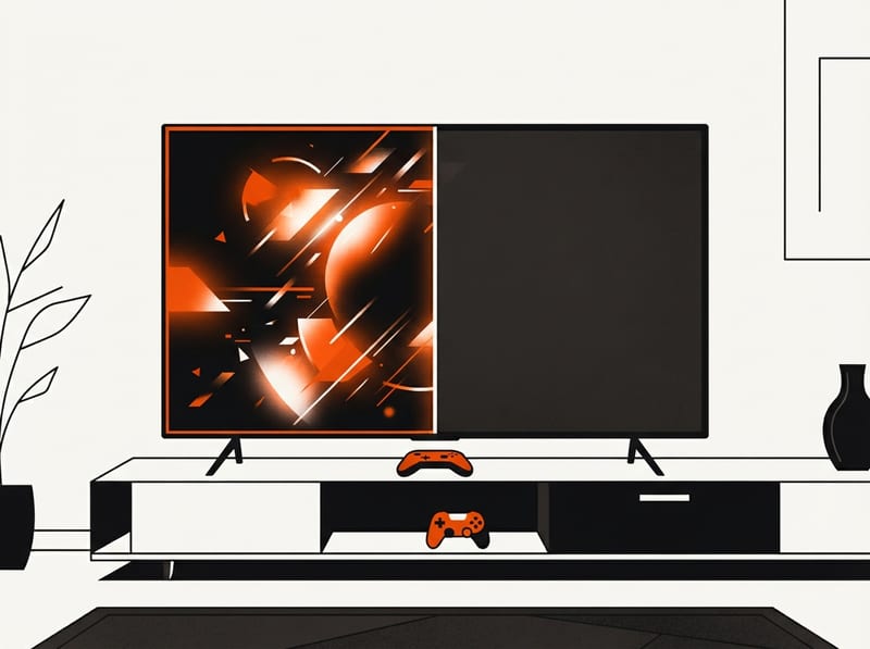 A large flat-screen television whose display is divided into a vivid half and a dull half, with a game controller on the stand below it.