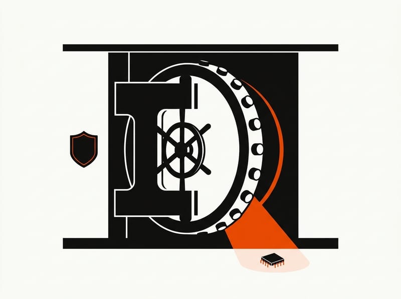 A thick round vault door standing slightly open with light spilling out, next to a small shield and a microchip, symbolizing a powerful AI model with restricted access for cyber defense.