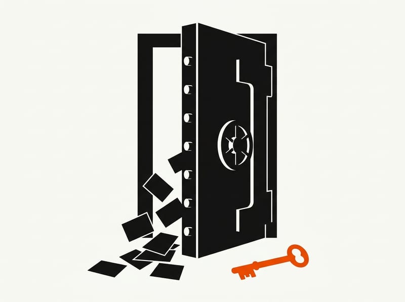 A heavy steel vault door stands slightly open with blank cards spilling out and a large key lying on the floor nearby.