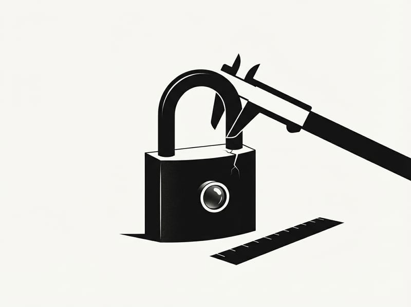 A sturdy padlock with a hairline crack in its body is gripped by a blank measuring caliper, symbolising the testing of a system's security.