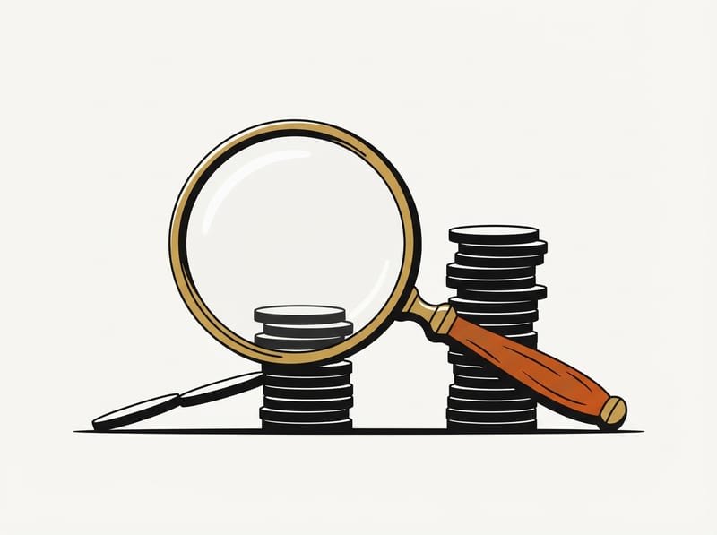 A magnifying glass held over a short stack of coins next to a taller stack, symbolising lower revenue from AI-driven search.