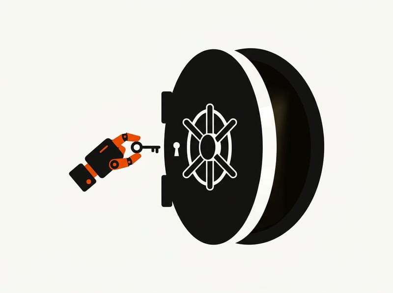 A robotic hand turning a key in a round vault door that is slightly open, with its contents kept hidden.