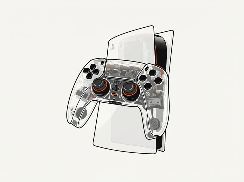 A game controller with a clear plastic shell showing its inner circuitry, set in front of a translucent console cover panel.